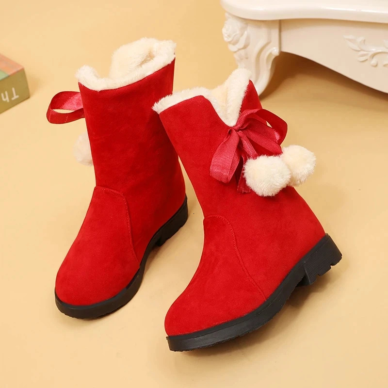 Girls winter boots warm plush Christmas red boots cute fur childrens cotton shoes anti slip childrens rubber snow boots 241113