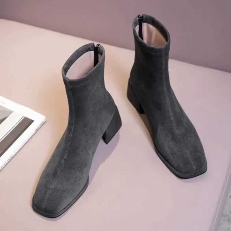 Square toe suede short boots warm autumn winter elastic thick heel zipper ankle boots Fi gray black Botas De Mujer M241113