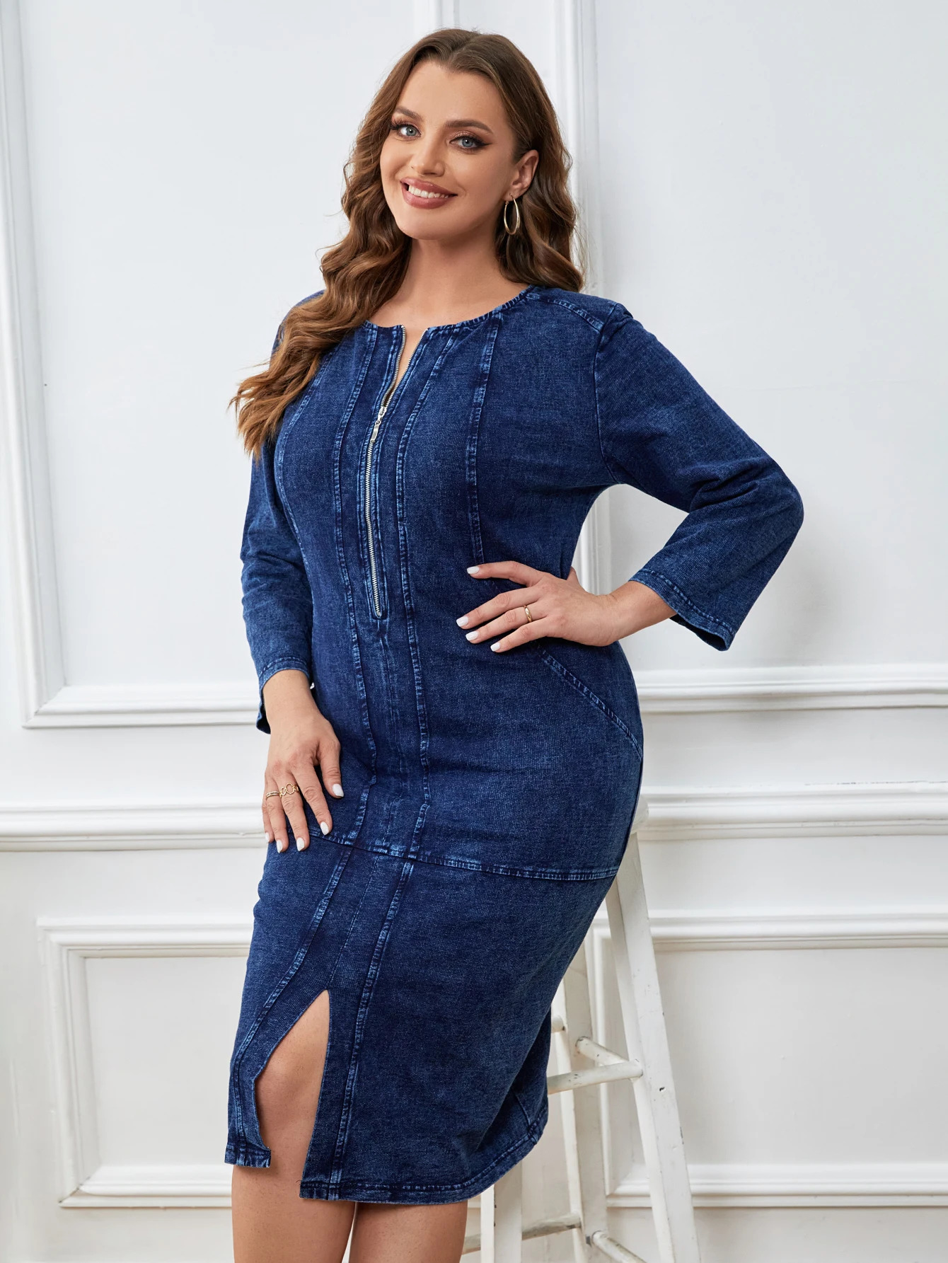 LIH HUA Womens Plus Size Denim Dress Autumn Chic Elegant Dresses For Chubby Women Cotton Knitted Dress 240407