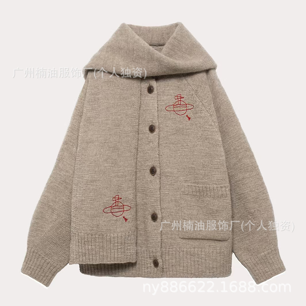 Designer Vivienmes Westwood Empress Dowager Saturn Embroidered Scarf Wool Knitted Cardigan Sweater Jacket for Women