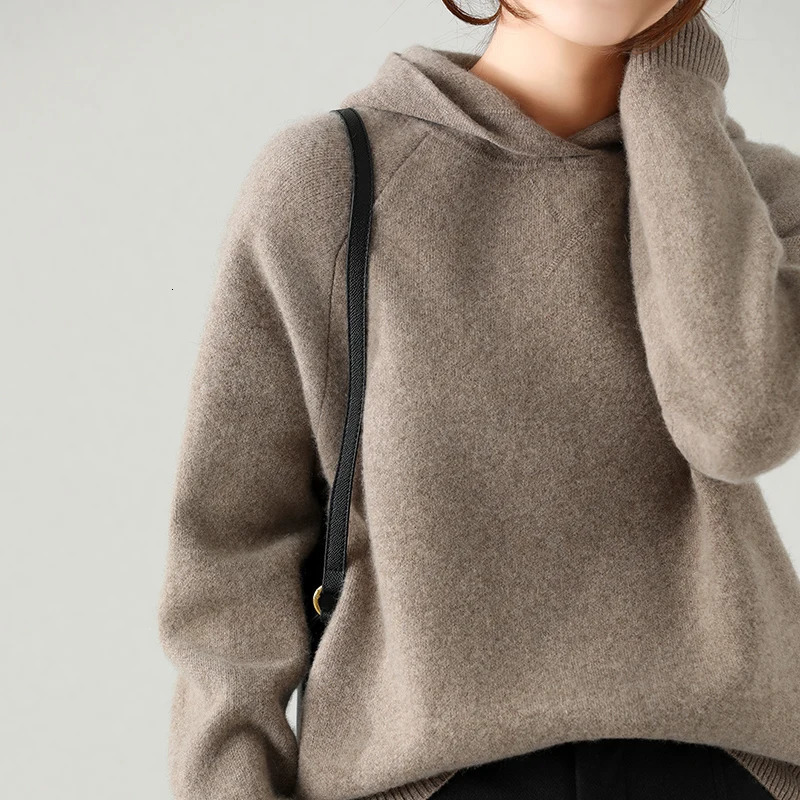100% Cashmere Womens Sweater Pullover Hoodie Long Sleeve Button Winter Thickened Warm Knitted Top Womens 241113