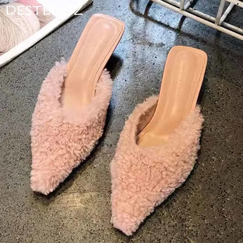 Fur Leopard Pointed Toe Women Slippers Fashion Sexy Mid Heels Dress Shoes Woman 2025 Trend Winter Pumps Walking Zapatillas Mujer 241114