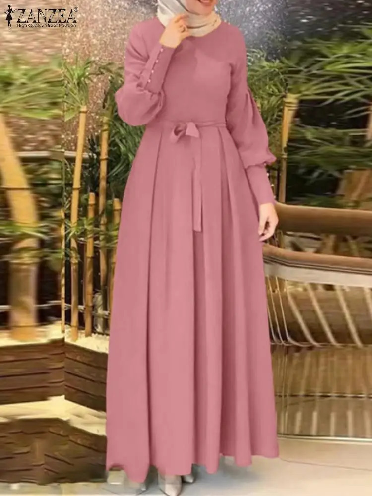 ZANZEA Womens Autumn Sun Skirt Muslim Headband Abaya Dubai Robe Elegant Long Sleeve Party Maxi Vestidos Kaftan 241111