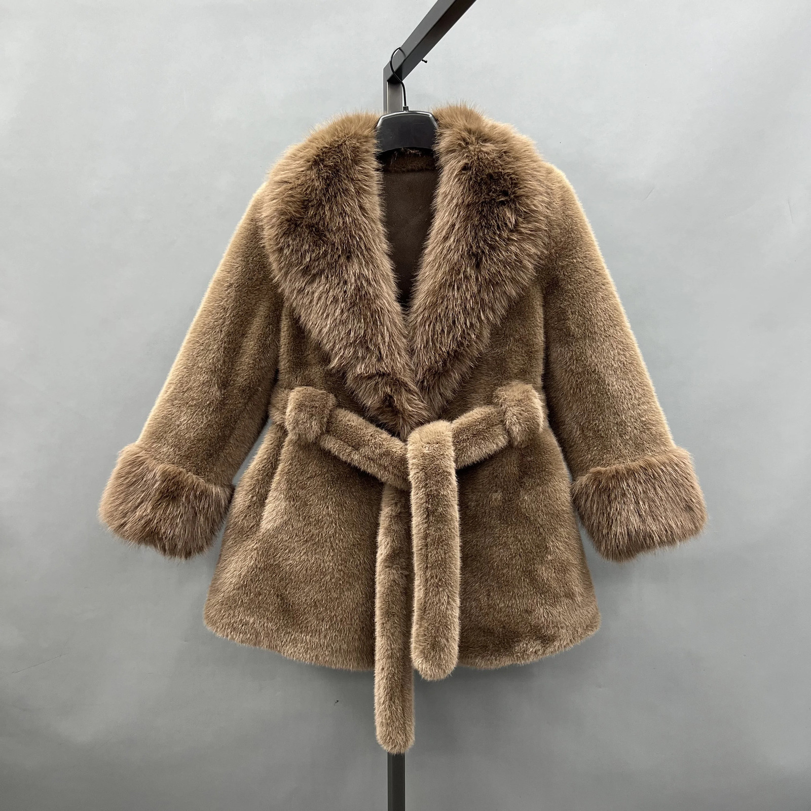 Womens vegan mink coat adult made fur collar jacket skiing style fast 241113