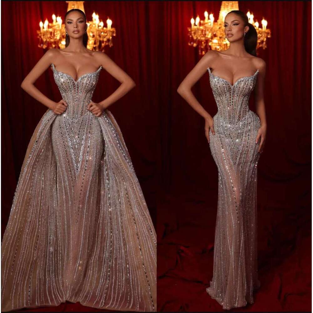 Stunning Mermaid Crystal Evening Elegant With Detachable Train Strapless Beaded Prom Dress Or Length Illusion Formal Dresses For Women Es Bc es