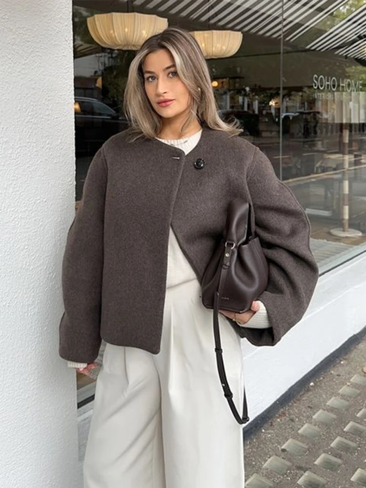 Elegant Solid Wool Mixture Winter Coats Fashion One Button Oneck Warm Lady Jacket 2024 Long Sleeve Allmatch Outwear 241113