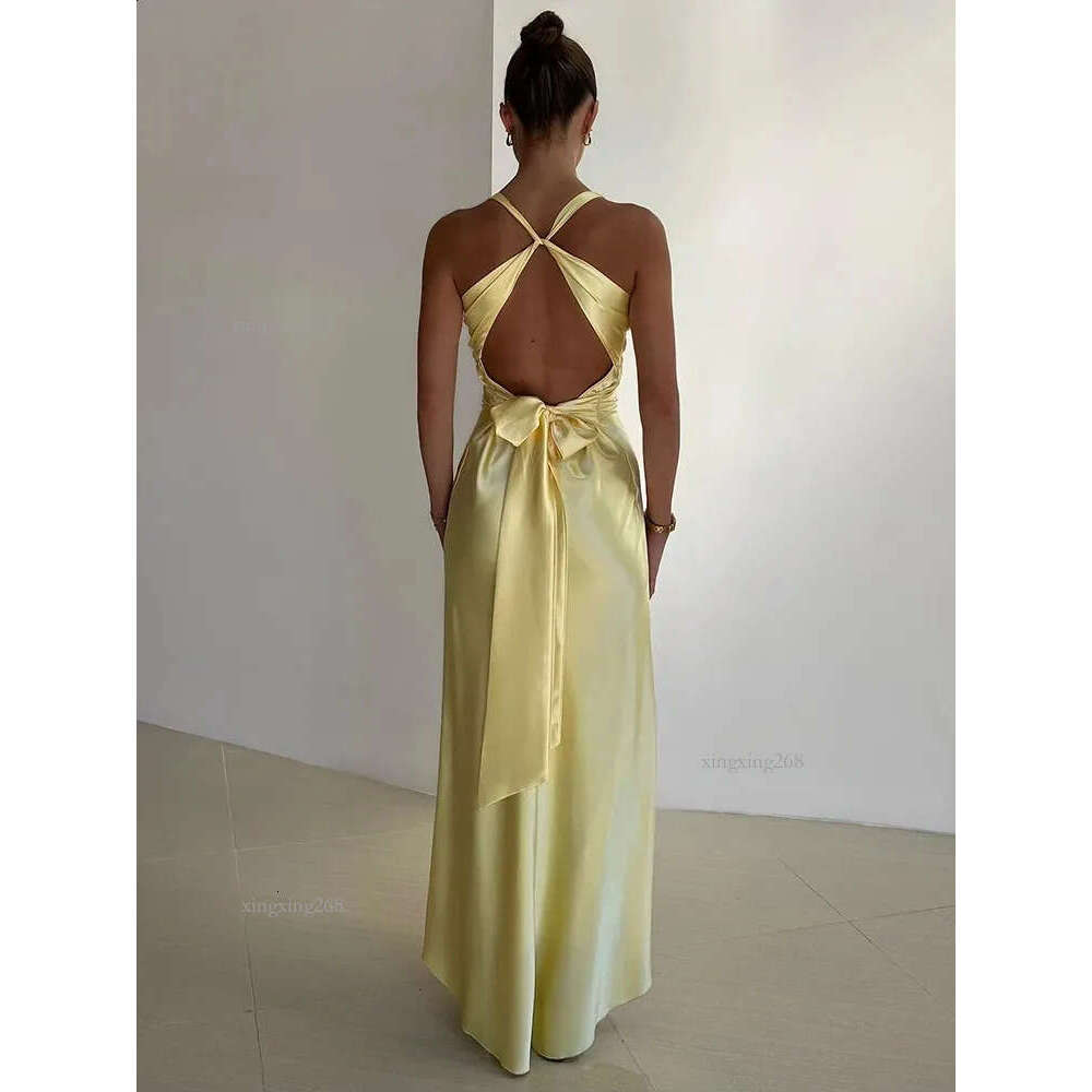 Mozision Satin Bow Backless Sexy Maxi Dress For Women Gown Fashion V Neck Sleeveless Club Party Evening Elegant 240801