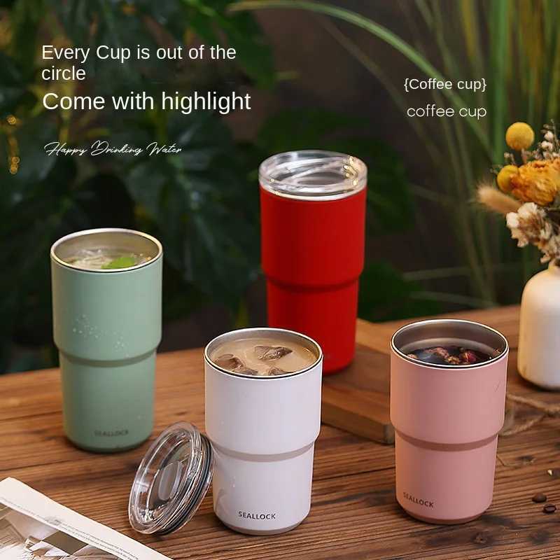 Round large-diameter travel hot coffee g 304 stainless steel cup with handle lid leak proof portable travel g Y241114