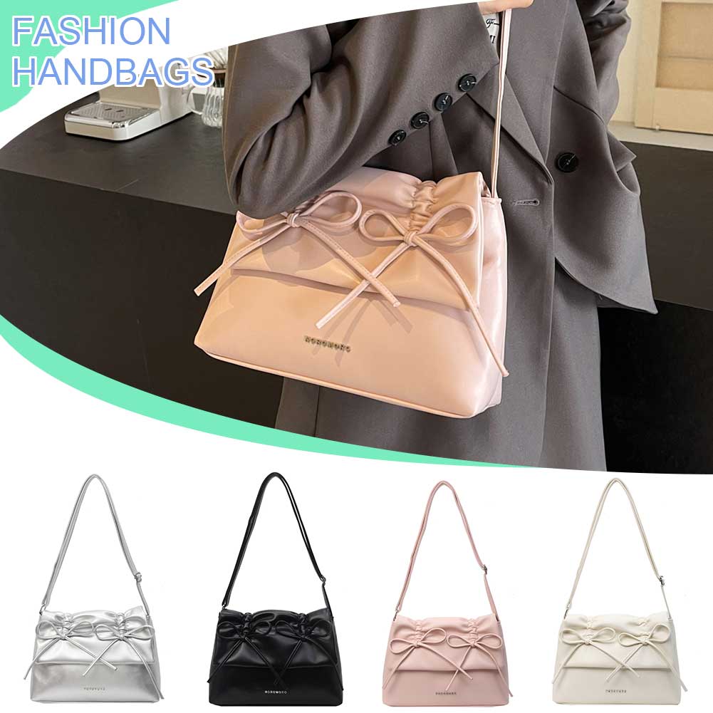 Women Bowknot Pu Shoulder Bag Crososbody Bag With Flap Cover Large Capacity Bag Stylish for Daily Office Use Solid Color Handbag