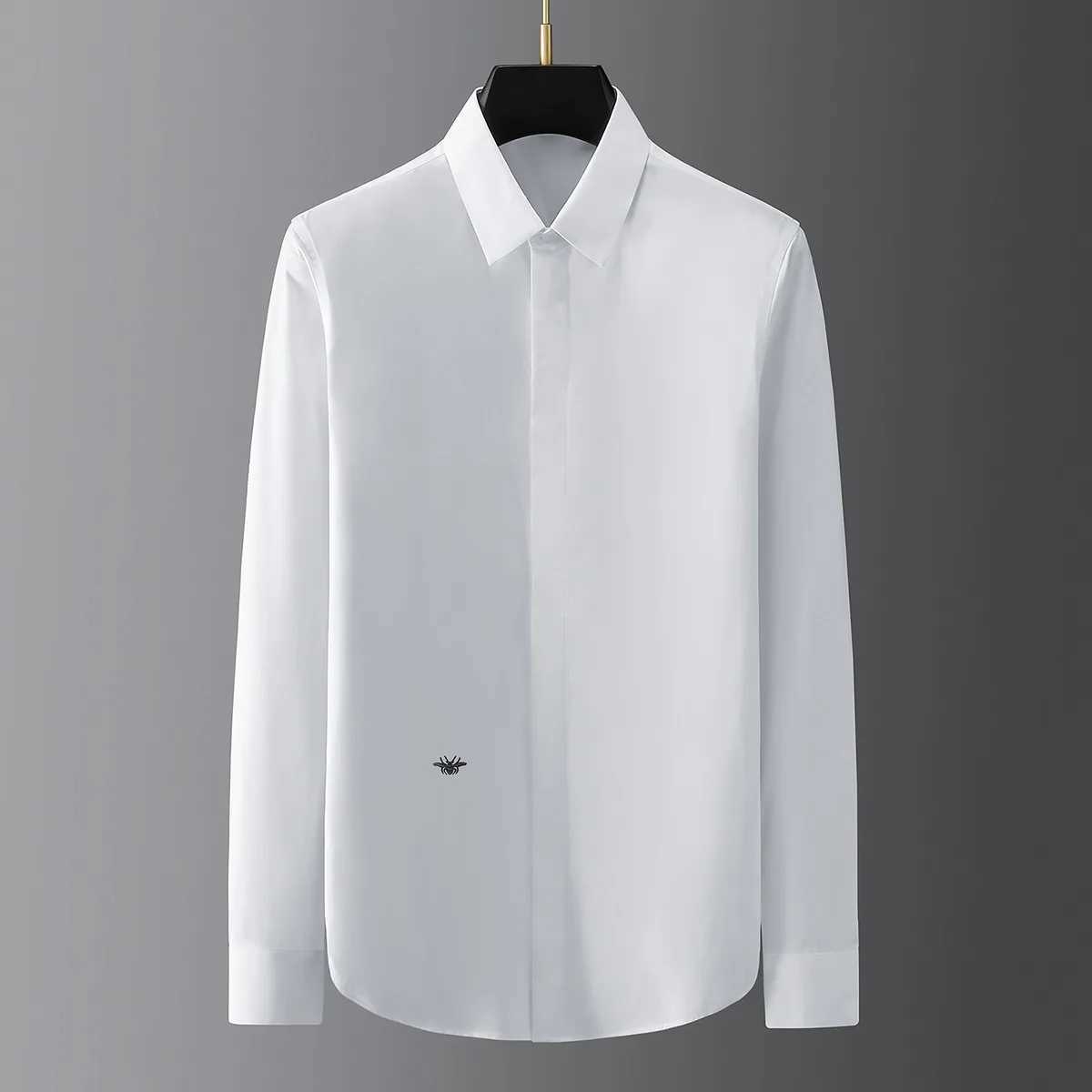 High End Gold Bee Embroidered Business Shirts Mens Solid Color Long Sleeved Banquet Party Shirt Versatile Casual White TopsXJ24113