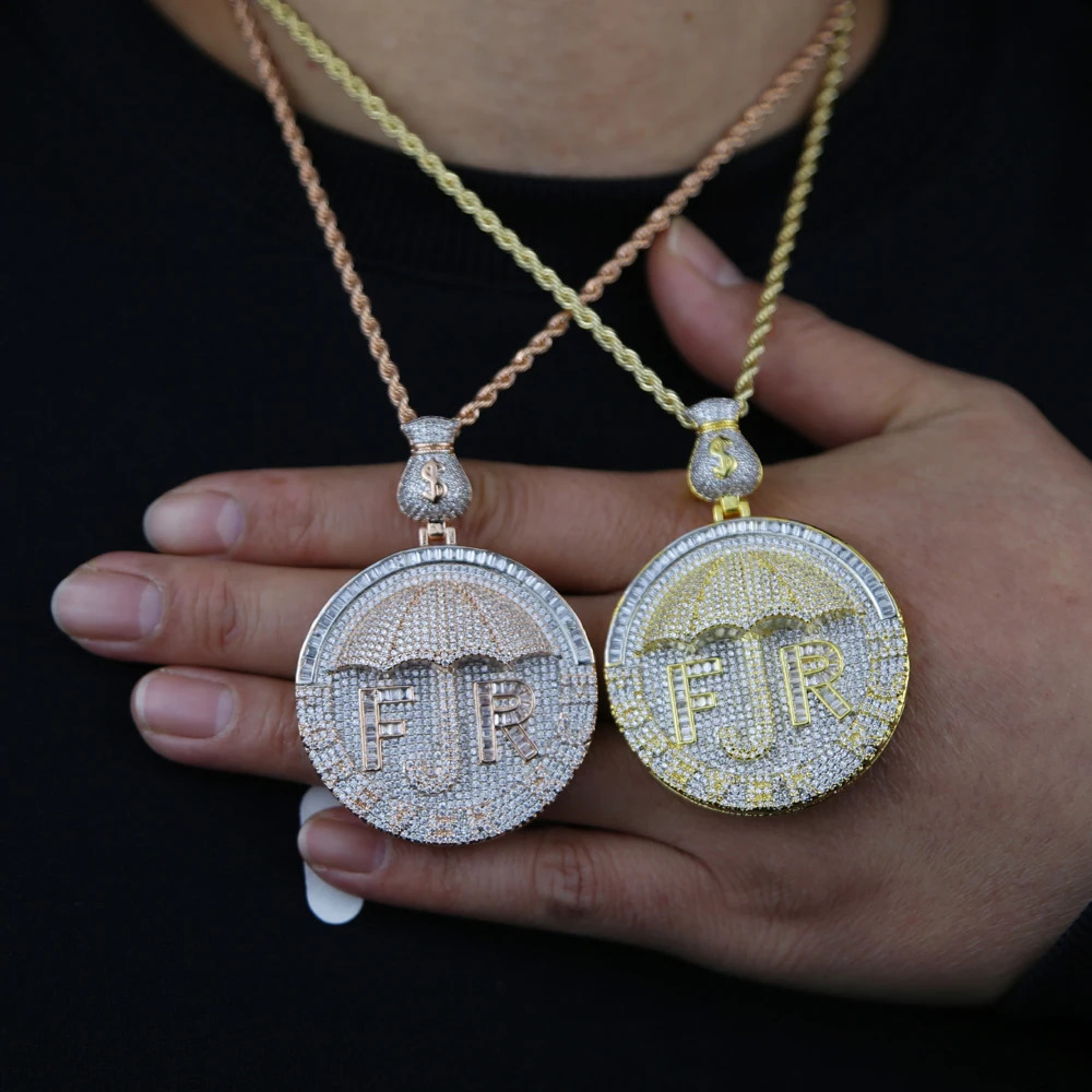 Iced Out Bling CZ Letter Forever Rich Pendant Necklace Two Tone Color Cubic Zirconia Umbrella Money Charm Men Hip Hop Jewelry 241113