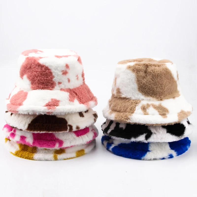 CNTANG Women Bucket Hat Autumn And Winter Warm Cow Print Plush Fashion Panama Casual Hats For Ladies Fisherman Caps 241113