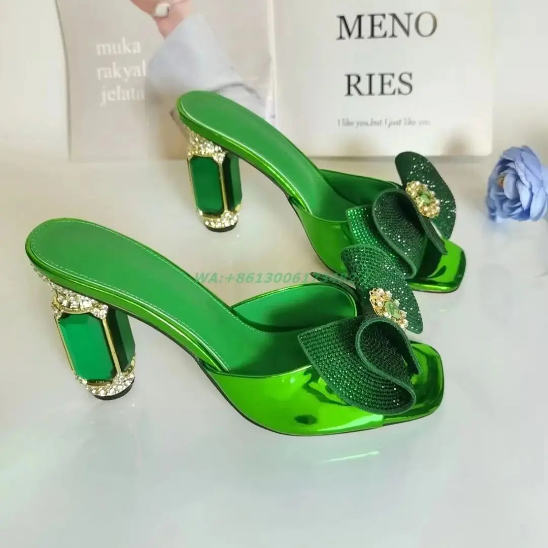 Jade Diamond Candy Bow Womens Dress High Heels Slide Toe Jewelry Water Diamond Outdoor Slide 241113