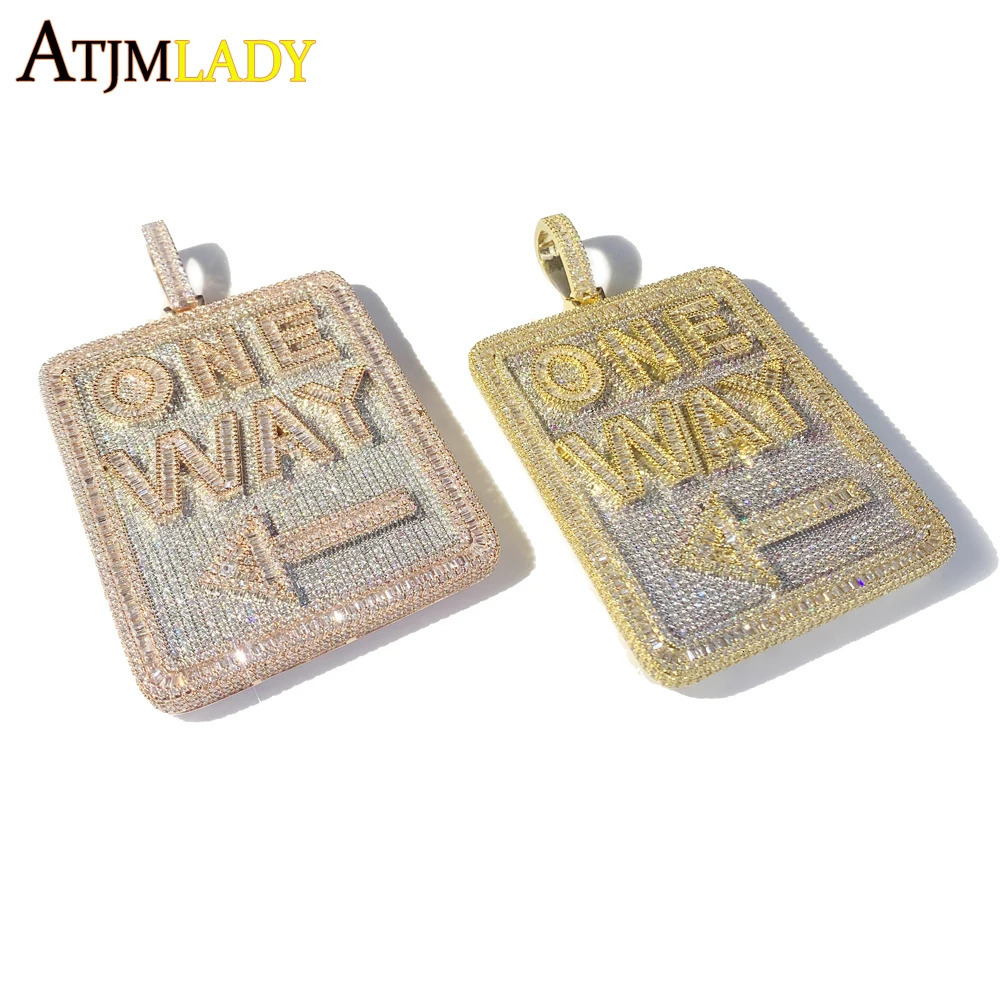 Hip Hop Geometric Rectangle Letter One Way Pendant Necklace Full Paved Cubic Zirconia Iced Out Bling 5A Cz Men Boy Jewelry 241113