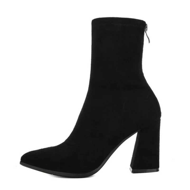 High Quality Ankle Chunky High Heel Sock Boots Wen Autumn Fi Pointed frosted suede short boots Fem Pumps sexy warm boots T241206