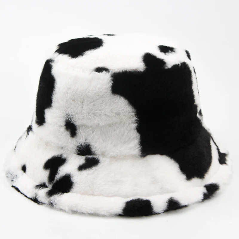 CNTANG Women Bucket Hat Autumn And Winter Warm Cow Print Plush Fashion Panama Casual Hats For Ladies Fisherman Caps 241113