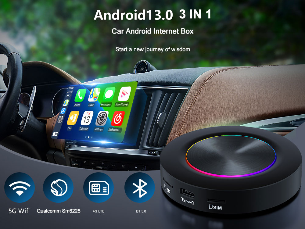 KBOX LED Light android 13 car play ai box Qualcomm SM6225 chipset 4gb 64gb SIM card wireless carplay adapter magic box