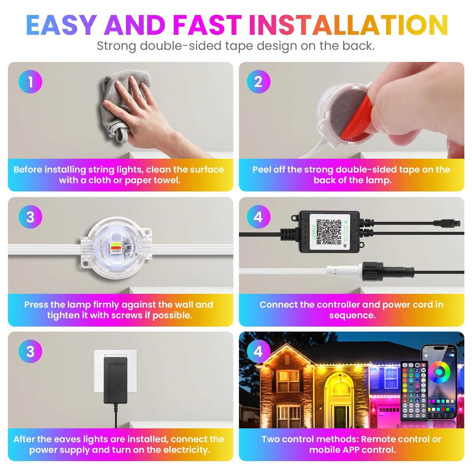 15M 30M 60M permanent outdoor Eaves LED light waterproof RGBCCT string light application Bluetooth whole house Christmas party light X241114