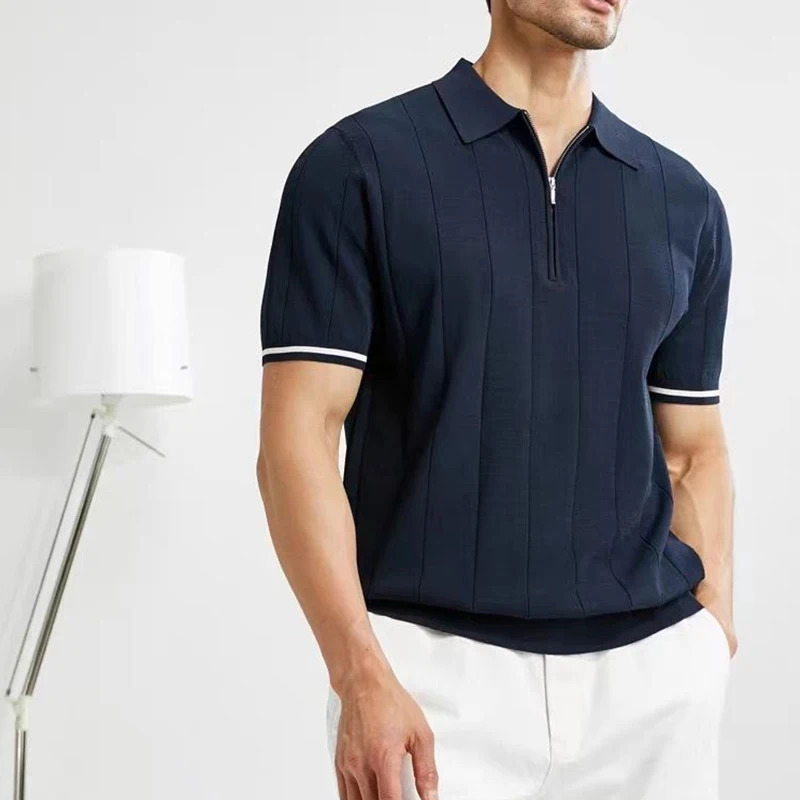 Summer mens clothing lapel zipper polo shirt fashionable business casual vertical line loose solid short sleeved thin top 2024 241113