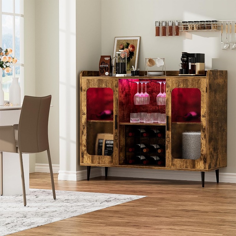 Liquor Cabinet Bar with LED Light - Wine Rack, Coffee Bar, and Storage Shelf for Dining Room