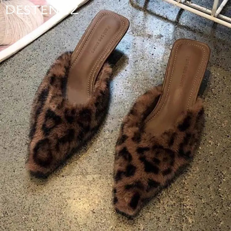 Fur Leopard Pointed Toe Women Slippers Fashion Sexy Mid Heels Dress Shoes Woman 2025 Trend Winter Pumps Walking Zapatillas Mujer 241114