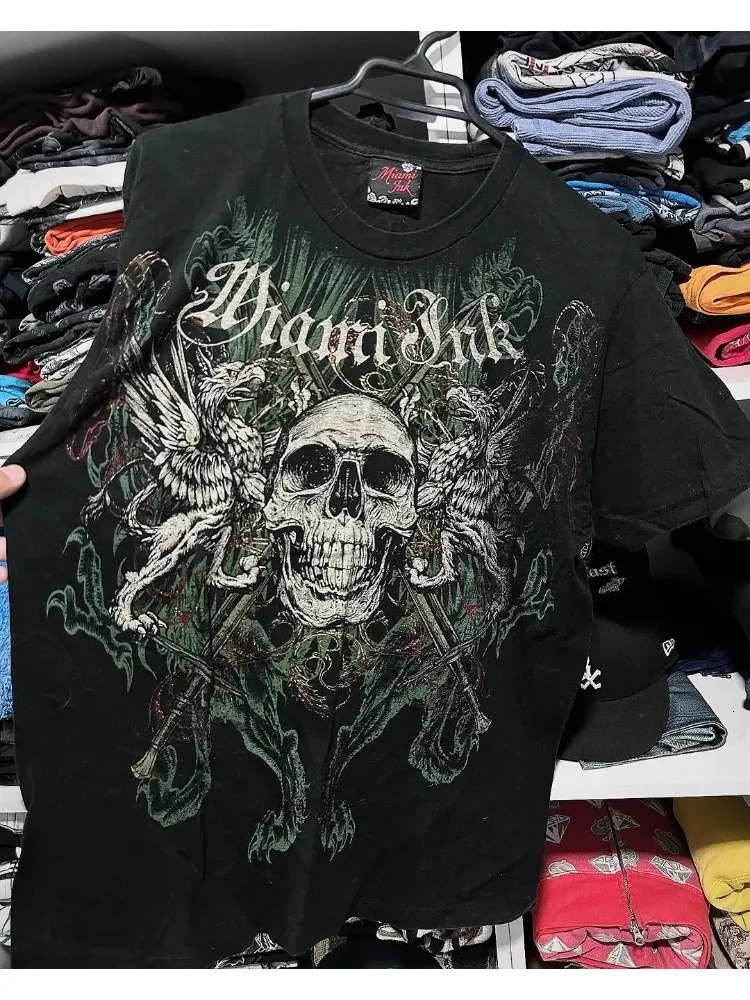 2024 American Retro Skull Vintage Harajuku Hiphop Round Neck Oversized Tshirt Men And Women Y2K Gothic Tops Streetwear 240402