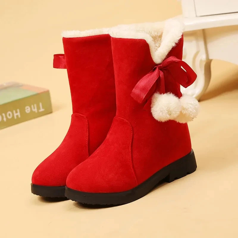 Girls winter boots warm plush Christmas red boots cute fur childrens cotton shoes anti slip childrens rubber snow boots 241113