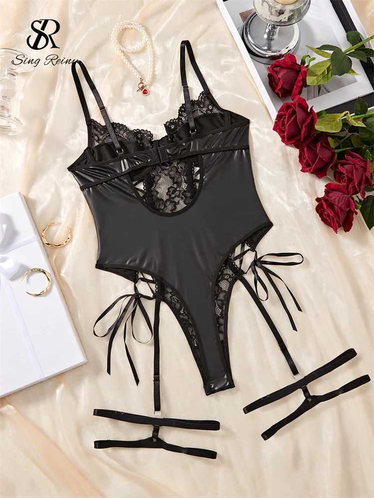 Sexy Set SINGREINY Erotic Lingerie Leather Slim Rompers Sleevless Sheer Backless Playsuits Women Corset Mesh Spliced PU Sexy Bodysuits J241109