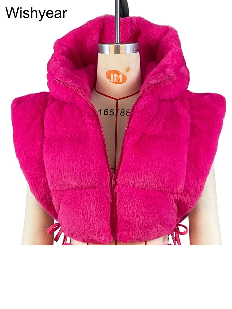 Fashionable winter warm plush hooded cotton vest womens sleeveless bandage side split crop jacket fluffy park coat Coats streetwear 241111