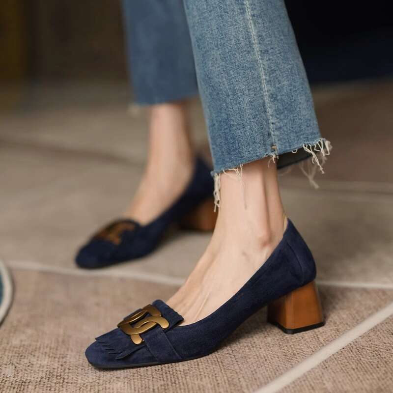 2024 Summer And Autumn New Style Square Head Metal Buckle Tassel Coarse Follow Women's French Mary Jane Small Leather Shoes Trendy