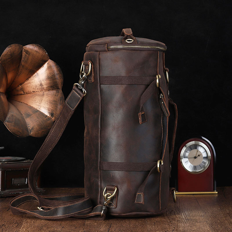 Unique Design Backpack For Men Vintage Crazy Horse Leather Bucket Daypack Large Travel Bag Male Backpac Genuine Leather BagVoyage