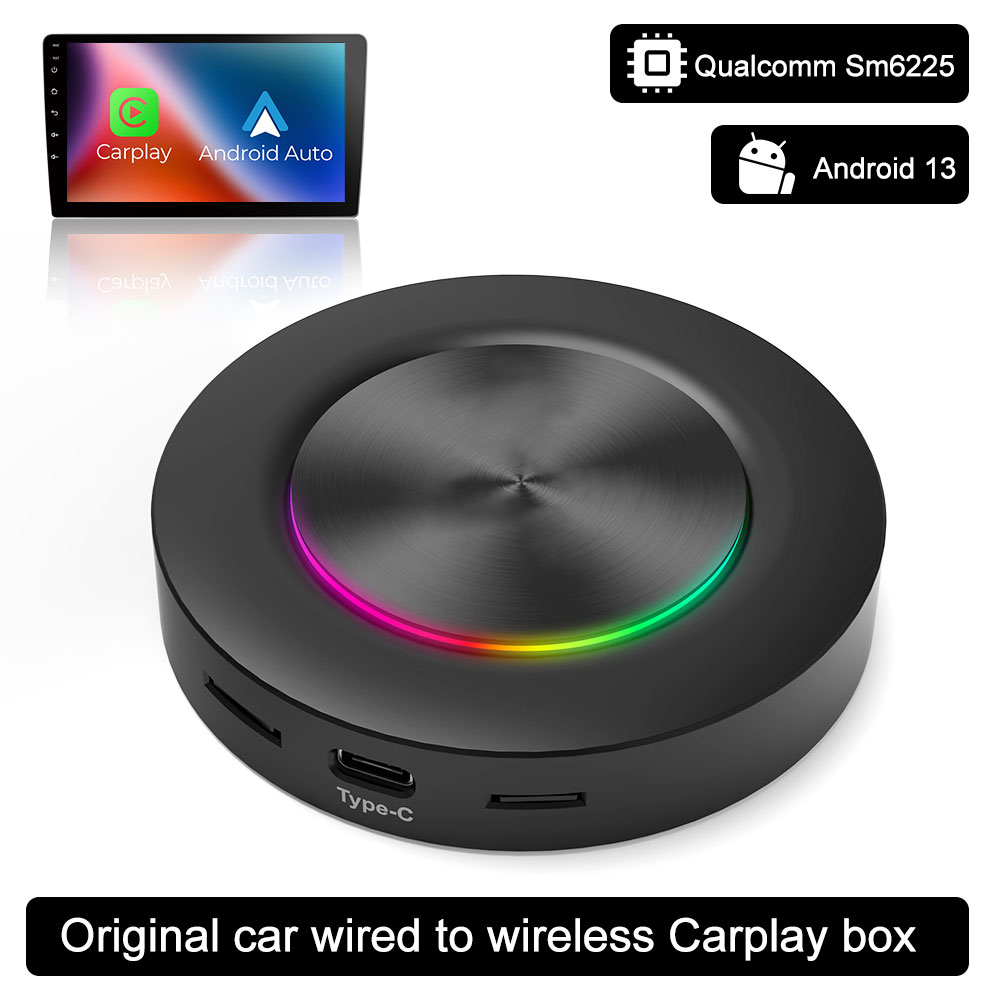 KBOX LED Light android 13 car play ai box Qualcomm SM6225 chipset 4gb 64gb SIM card wireless carplay adapter magic box