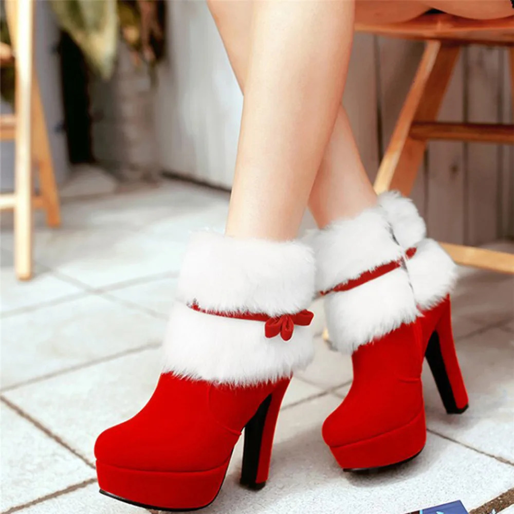 Womens Winter Warm Shoes Christmas Ladies Santa Claus Role Playing Shoes Red Ankle Boots High Heels Short Boots 241113