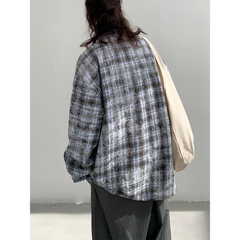 Mens fashion long sleeved brushed plaid shirt mens blue casual slim fit button down plain weave oversized mens plus size shirt 241113