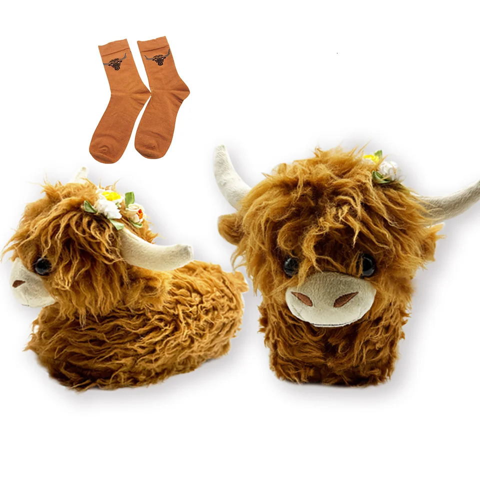 Highland Cow plush slider with socks womens fluffy cow slider warm soft house animal shoes Christmas gift 241113