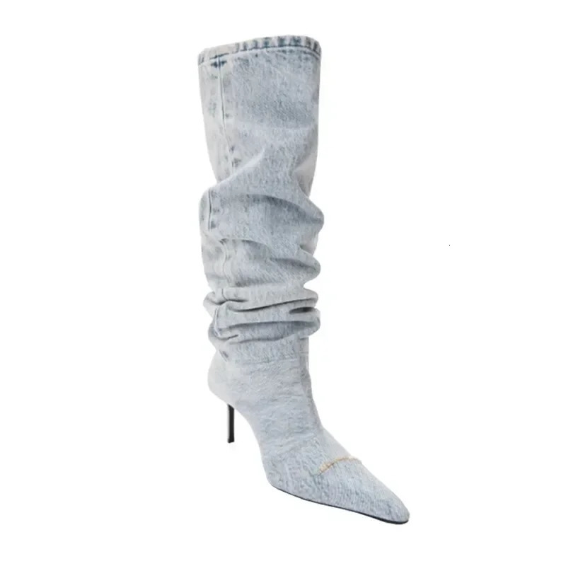 Denim Cowboy Boots For Women Fashion Slip On Long Boots Female Square Heel Autumn Winter Boots Shoes 241113