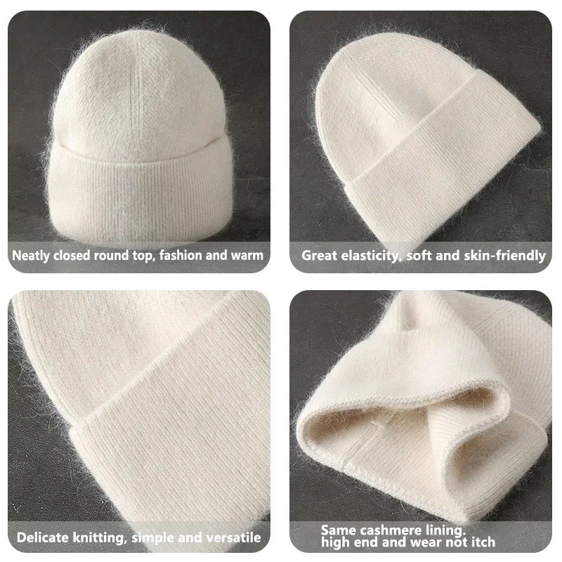 2024 Angora Knit Winter Hat For Womens Rabbit Fur Fluffy Knitted Beanies Korea Bonnet Female Soft Warm Skullies 241114