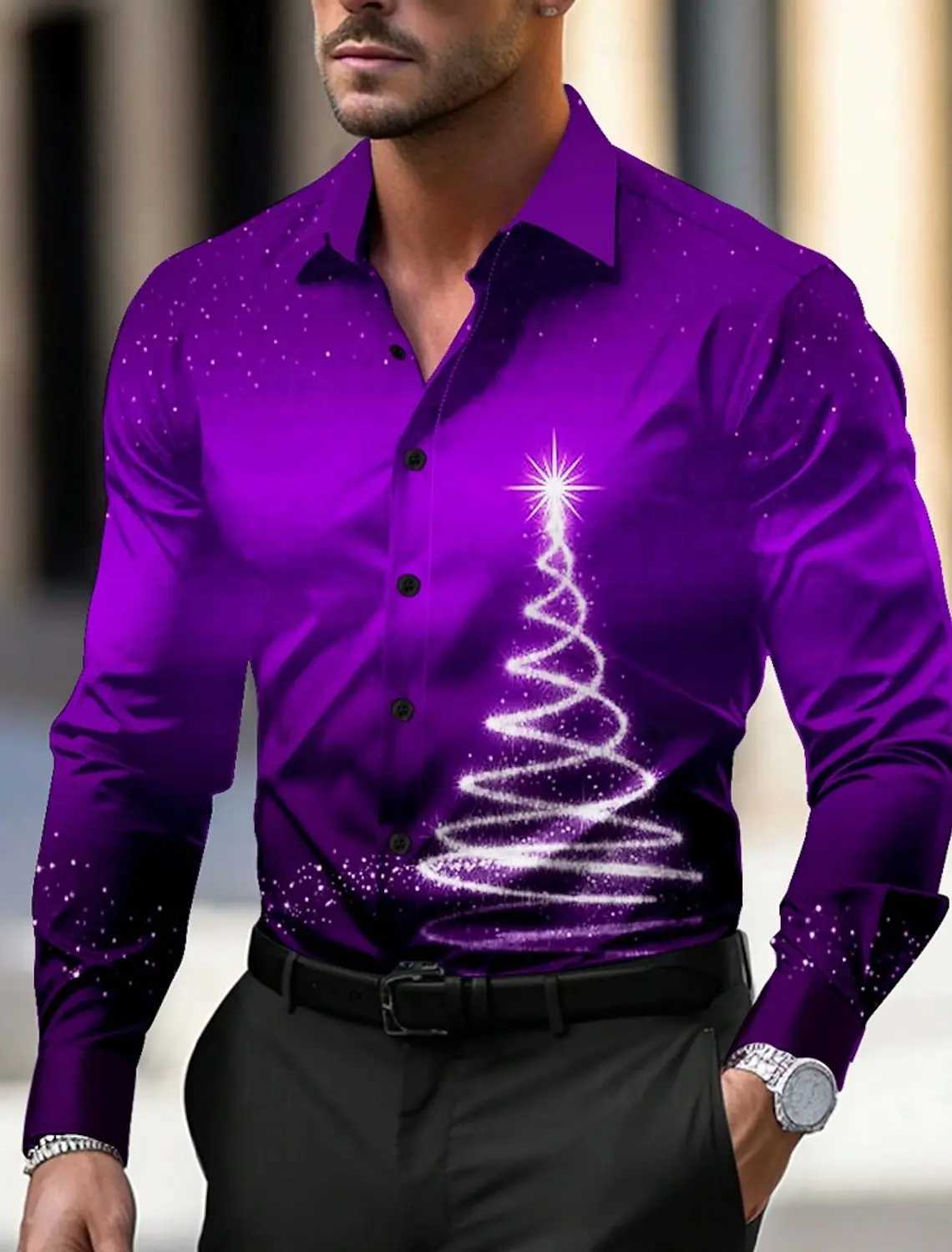 Christmas Theme Mens Christmas Trees Printed Shirts Snowflake Gradient Graphics Button Up Long Sleeve Shirts Fashion Tops ThinXJ24113