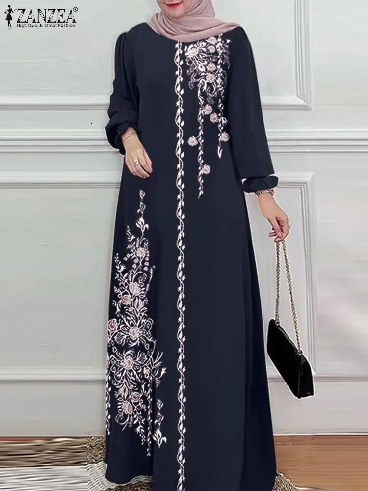ZANZEA Womens Vintage Long Sleeve Abaya Maxi Sundress Fashion Marocain Dubai Vestido Robe Women Flower Print Muslim Dress 241111
