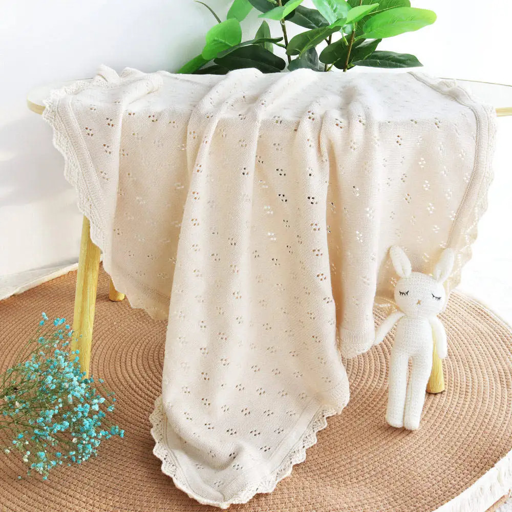 Knitted baby blankets born shower gifts cotton swaddle packaging blankets nap covers baby bed bedding lace pick-up holes 241113
