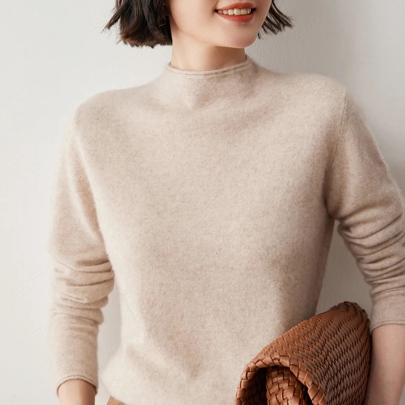 Womens rolled edge semi high neck cashmere sweater autumn and winter long sleeved solid color basic latte art skydiving knitted top 241113
