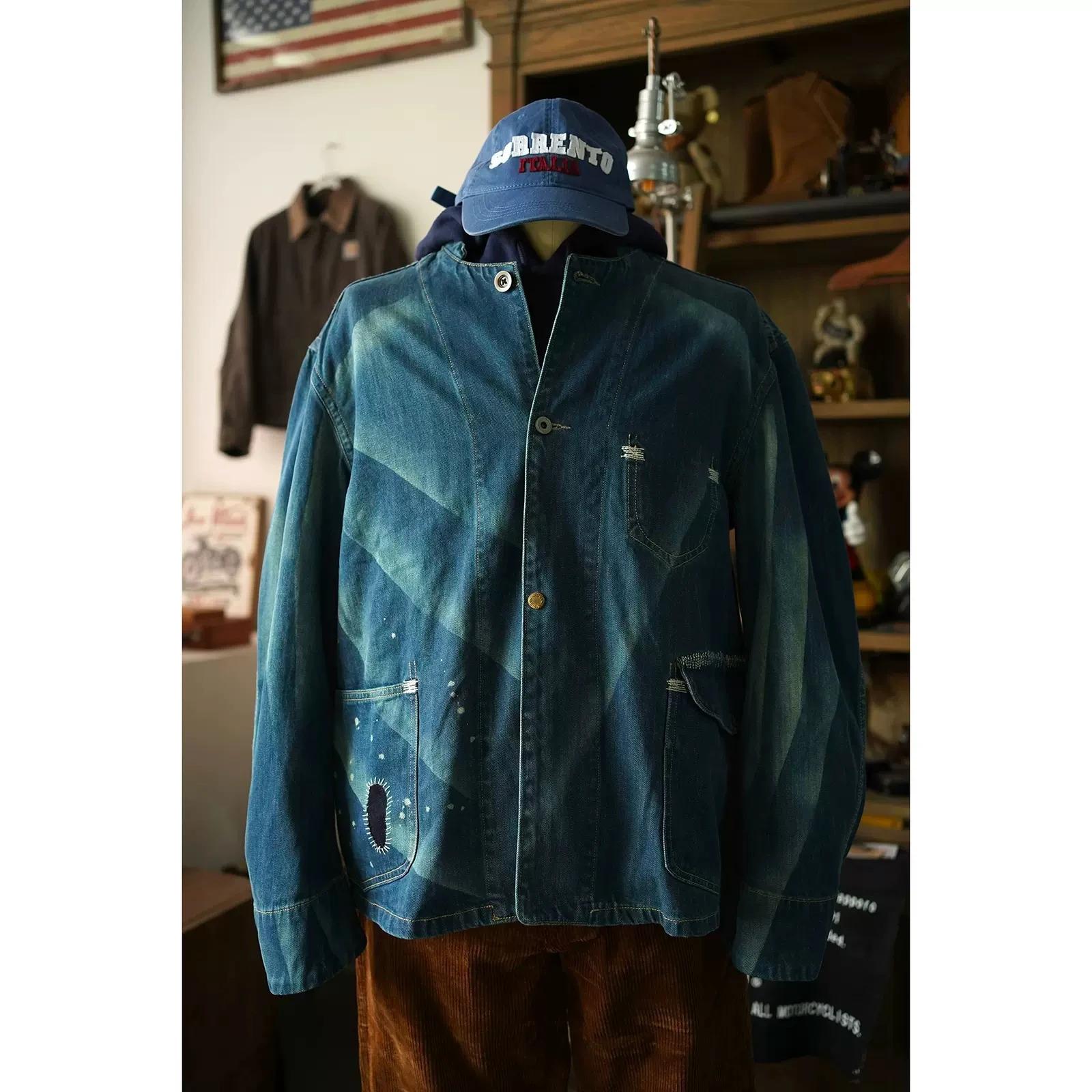 Second Order Denim Engineer Jacket For Men Selvedge Jean Chore Coat Washed Blue 240408