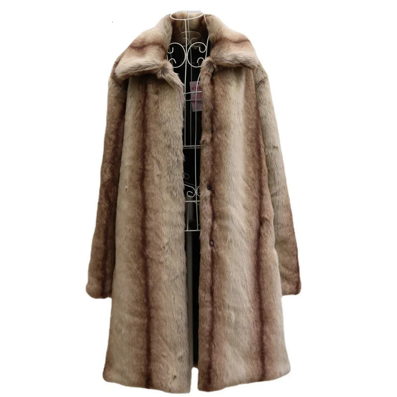 S-6XL size fashionable mens fur leather jacket brown windproof and warm artificial fox fur mink mens winter coat outdoor sports and leisure long park 