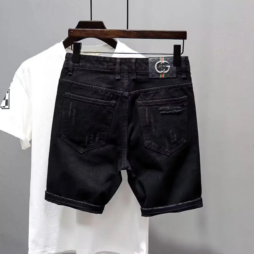 Summer Mens Black Denim Shorts Fashion Washable Elastic Slim Fit Five Point Middle Jeans Shorts 240409