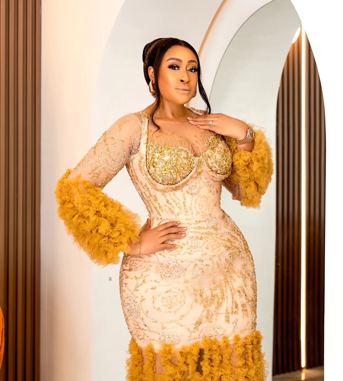 2024 Plus Size Gold Illusion Mermaid Prom Dresses For Special Occasions Lace Beaded Full Sleeves Evening Party Birthday Gowns Dress For Women Vestidos