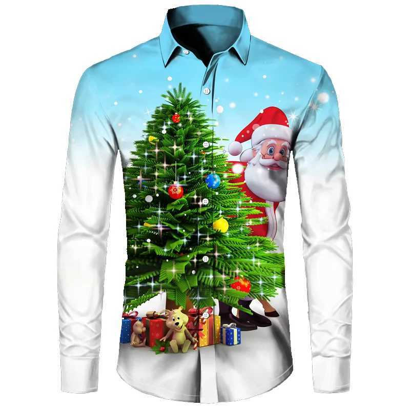 Classic Christmas snow element shirt printed long sleeved mens shirt fashionable casual shirt breathable and comfortable menXJ24113