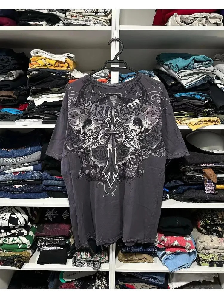 2024 American Retro Skull Vintage Harajuku Hiphop Round Neck Oversized Tshirt Men And Women Y2K Gothic Tops Streetwear 240402
