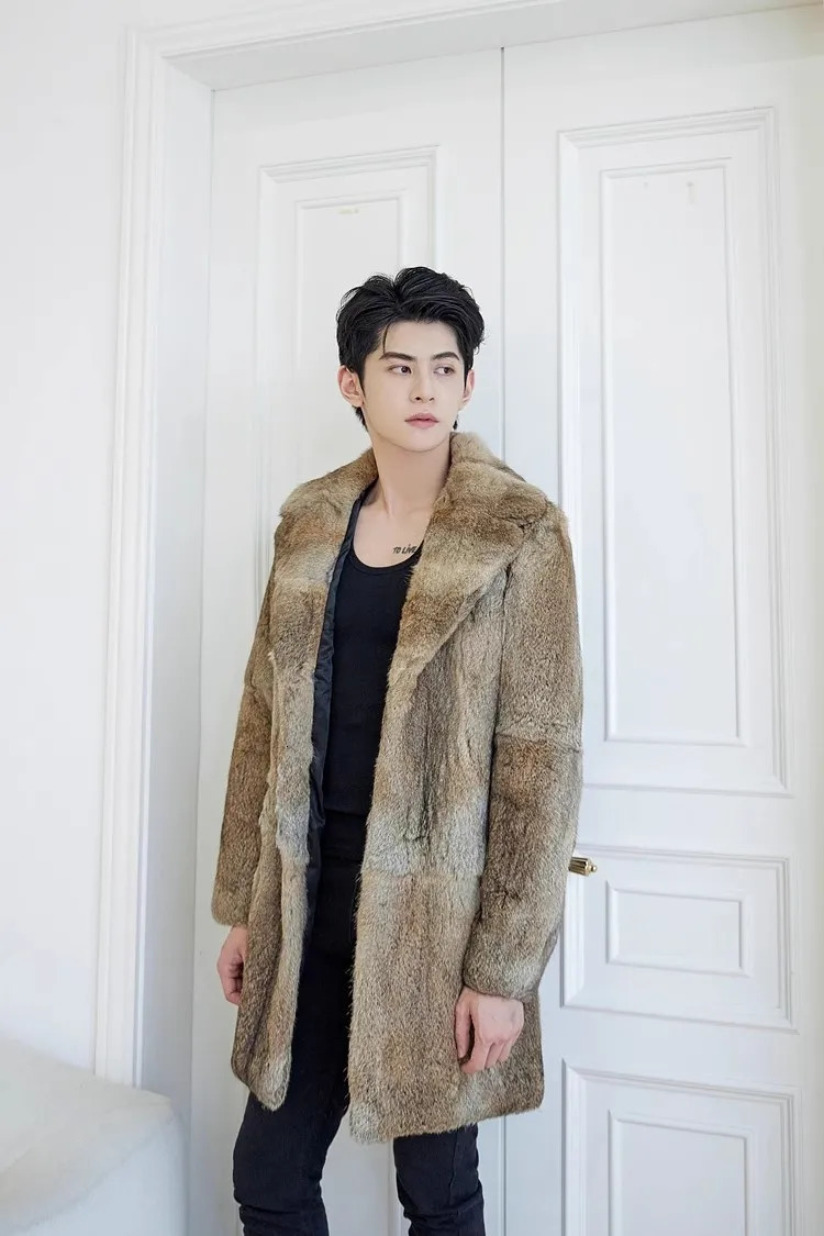 Gennie Natural Rabbit Fur Coat for Men with British Collar Long Fashion Jacket for Warmth Customized in Winter Any Size 241113