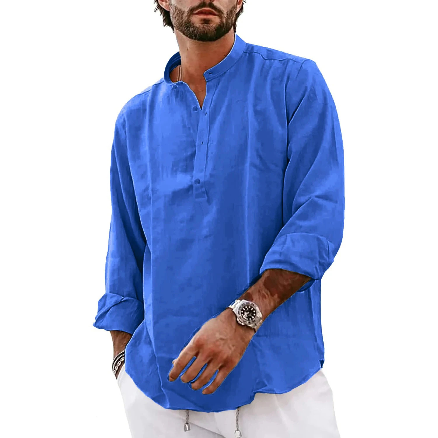 Mens Long Sleeve Cotton TShirts Lightweight Streetwear Henley Linen Shirts for Men Breathable Oversized Solid Color Tops 241108