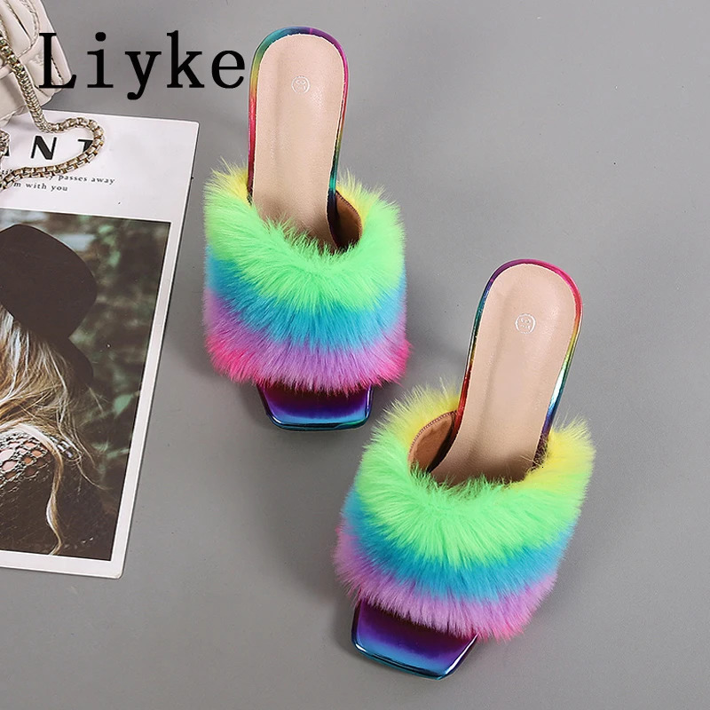 Liyke 9CM Transparent High Heels Fur Slippers Women Feather Sandals Peep Toe Mules Lady Pumps Slides Party Shoes Pink 241114
